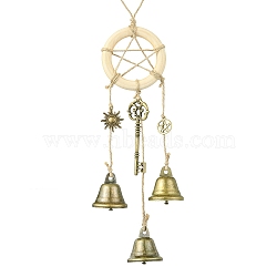 Iron Witch Bells for Door Knob for Protection, Witch Wind Chimes Door Hanger, Wood Ring with Star and Jute Cord for Home Decor, Antique Bronze, 370mm(HJEW-JM02202)