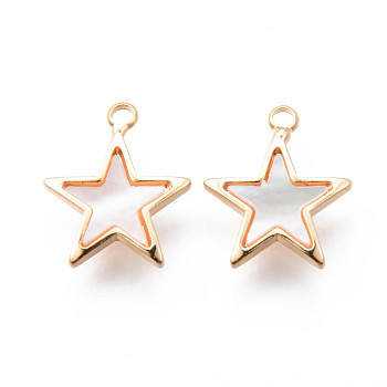 Brass Charms, with Shell, Star, Real 18K Gold Plated, Nickel Free, Seashell Color, 13.5x11.5x2mm, Hole: 1.5mm
