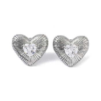 Heart 304 Stainless Steel Clear Cubic Zirconia Stud Earring for Women, Stainless Steel Color, 19.5x22.5mm