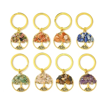 Tibetan Style Alloy & Natural Mixed Gemstone Chips Pendant Keychain, with Iron Split Rings, Flat Round with Tree of Life, Antique Golden, 5.35cm, 8pcs/set