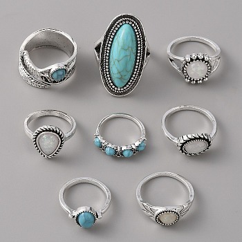 8Pcs 8 Style Alloy Finger Ring Sets for Women, with Synthetic Turquoise, Leaf/Oval/Teardrop/Flower/Half Round, Antique Silver, Inner Diameter: 15.3~17.7mm, 1pcs/style