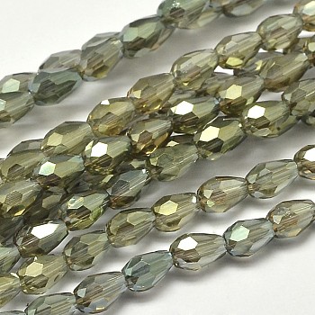 Faceted Teardrop Full Rainbow Plated Glass Bead Strands, Dark Khaki, 5x3mm, Hole: 1mm, about 100pcs/strand, 17.7 inch~19.6 inch