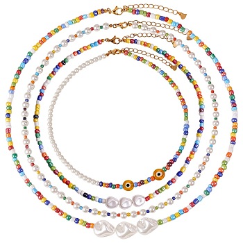 4Pcs 4 Style Natural Pearl & Glass Seed Beaded Necklaces Set with Evil Eye for Women, Mixed Color, 15.16~21.85 inch(38.5~55.5cm)