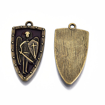 Rack Plating Alloy Enamel Pendants, Cadmium Free & Lead Free, Shield with Soldiers, Antique Bronze, 33x17x3mm, Hole: 1.6mm