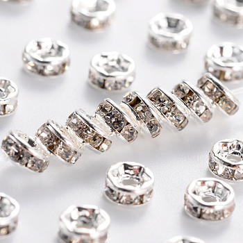 Brass Grade A Rhinestone Spacer Beads, Silver Color Plated, Nickel Free, Crystal, 4x2mm, Hole: 0.8mm