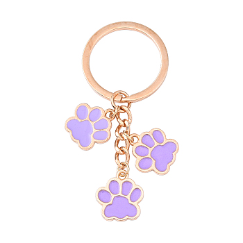 Alloy Enamel Keychains, Paw Print, with Iron Rings, Lilac, 70mm