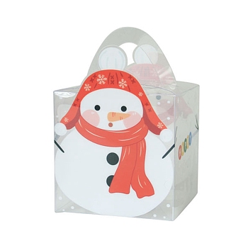 Square Transparent PVC Bakery Bakery Boxes, Christmas Theme Gift Box, for Mini Cake, Cupcake, Cookie Packing, Snowman Pattern, 90x90x140mm