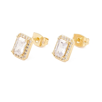 Clear Cubic Zirconia Rectangle Stud Earrings, Brass Jewelry for Women, Lead Free & Cadmium Free, Real 18K Gold Plated, 8.5x7mm, Pin: 0.8mm