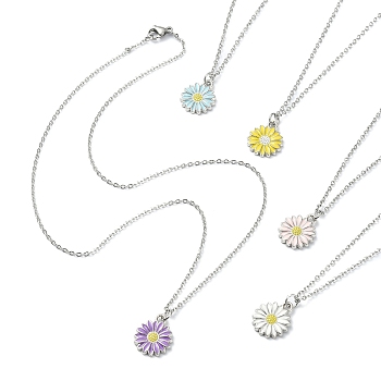 Alloy Enamel Sunflower Pendant Necklace with 304 Stainless Steel Chains, Mixed Color, 17.20~17.56 inch(43.7~44.6cm)