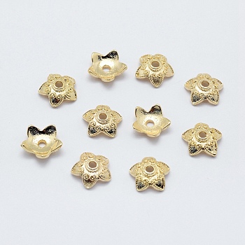 5-Petal Brass Caps, Long-Lasting Plated, Nickel Free, Flower, Real 18K Gold Plated, 10x3mm, Hole: 1.6~1.8mm