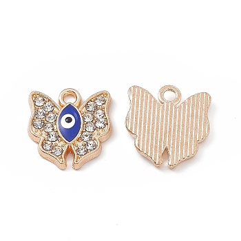 Alloy Crystal Rhinestone Charms, with Enamel Evil Eye, Butterfly, Light Gold, 15x14.5x2mm, Hole: 1.8mm