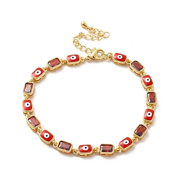 Enamel Evil Eye & Cubic Zirconia Rectangle Link Chain Bracelet, Golden Brass Jewelry for Women, Red, 7-1/4 inch(18.5cm)