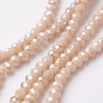 Electroplate Glass Beads Strands, Pearl Luster Plated, Faceted, Rondelle, PeachPuff, 4~4.5x3mm, Hole: 0.5mm, about 130~135pcs/strand, 15.5~16 inch(39~40cm)