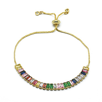 Brass Cubic Zirconia Bolo Tennis Bracelets, Slider Box Chains Bracelets, Golden, Colorful, 10-1/4 inch(26cm)