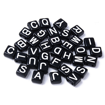 Acrylic Multi-Strand Links, Rectangle with Mixed Letter, White, 8.5x7.5x4mm, Hole: 1.5mm, about 1950pcs/500g