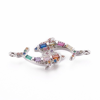 Brass Micro Pave Cubic Zirconia Links, Double Dolphin, Colorful, Platinum, 15x33x3mm, Hole: 1mm