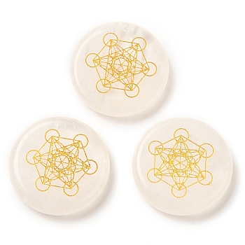 Natural Quartz Crystal Cabochons, Rock Crystal Flat Round with Engraved Gold Hexagram, 25~26x6~7mm