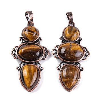 Natural Tiger Eye Pendants, Rack Plating Brass Flower Charms, Cadmium Free & Lead Free, Red Copper, 47x24x6.5mm, Hole: 7.5x5mm