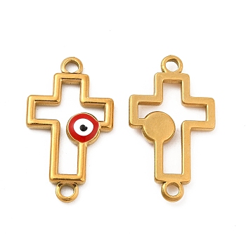 201 Stainless Steel Enamel Connector Charms, Real 24K Gold Plated, Religion Cross Links with Evil Eye, Red, 24x14x2.5mm, Hole: 1.8mm