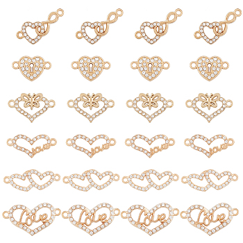 48Pcs 6 Styles Alloy Crystal Rhinestone Connector Charms, Heart Links, Light Gold, 10~15.5x21.5~28.5x2~3mm, Hole: 1.5~1.8mm, 8pcs/style
