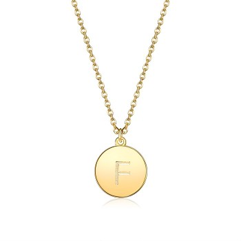 Brass Initial Pendant Necklace, with Cable Chains, Flat Round, Letter F, Golden, 16.14 inch(41cm), 2mm