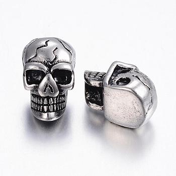 304 Stainless Steel Beads, Skull, Antique Silver, 14x9x8mm, Hole: 2mm