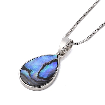 Rack Plating Natural Paua Shell Pendants Necklace, Brass Box Chain Necklaces, Teardrop, 17.72 inch(45cm), Pendant: 23x15mm