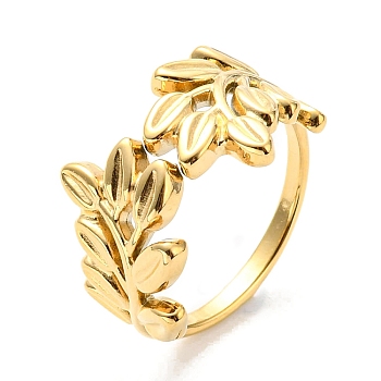 304 Stainless Steel Open Cuff Ring for Women, Leaf, Real 14K Gold Plated, US Size 6(16.5mm)