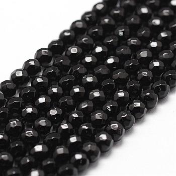 Natural Black Onyx Beads Strands, Grade A, Faceted, Round, 4mm, Hole: 1mm, about 96pcs/strand, 14.9 inch~15.1 inch