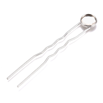 Iron Hair Fork Findings, with Flat Round Brass Cabochon Settings, Silver Color Plated, Tray: 10mm, 78x12x3mm