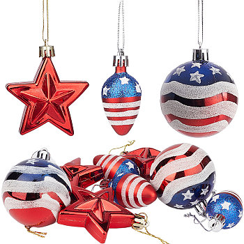 Independence Day Theme Ball & Star & Light Bulb Shape Plastic Ornaments, Pendant Decorations, for Party Decoration, FireBrick, 95~120mm, 9pcs/set