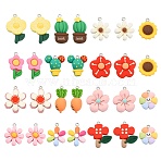 28Pcs 14 Styles Opaque Resin Pendants, with Platinum Iron Loops, Plant Charm, Flower & cactus & Carrot, Mixed Shapes, Mixed Color, 25~32x15~24x4~7mm, Hole: 2mm, 2pcs/style(RESI-CJ0002-54)