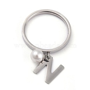 Dual-use Items, 304 Stainless Steel Finger Rings or Pendants, with Plastic Round Beads, Stainless Steel Color, White, Letter.N, US Size 5~9(15.7~18.9mm)(RJEW-O045-21-PN)