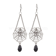 Halloween Themed Spider Alloy Dangle Earrings, with 304 Stainless Steel Earring Hooks, Glass Beads and Iron Twisted Chains, Platinum, 77x27mm(EJEW-JE06073)