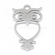 304 Stainless Steel Pendants, Owl, Stainless Steel Color, 21x12.5x1mm, Hole: 2mm(STAS-T008-012)