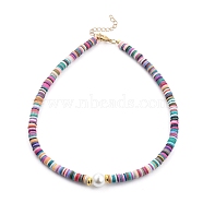 Handmade Polymer Clay Heishi Beaded Necklaces, with Glass Pearl Beads, Alloy Spacer Beads and 304 Stainless Steel Lobster Claw Clasps, Colorful, 16 inch(40.5cm)(NJEW-JN03065)