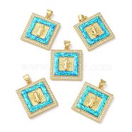 Rack Plating Brass Micro Pave Cubic Zirconia with Synthetic Opal Pendants, with Jump Ring, Lead Free & Cadmium Free, Long-Lasting Plated, Square with Saint, Real 18K Gold Plated, 24x21.5x4mm, Hole: 5x3.4mm(KK-D088-33G)