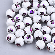 Autumn Theme Electroplate Glass Beads, Round with Maple Leaf Pattern, Indigo, 8~8.5mm, Hole: 1.5mm(X-EGLA-S178-10D)