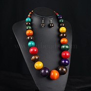 Bohemian Style Wood Beaded Multilayer Necklaces & Dangle Earrings Sets, Round, Colorful, 640mm(WG93846-07)