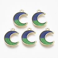 Alloy Enamel Charms, with Flitter Powder, Cadmium Free & Nickel Free & Lead Free, Moon, Light Gold, Green, Blue, 15x11.5x2mm, Hole: 1.2mm(ENAM-S122-027-NR)