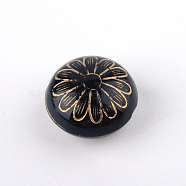 Flat Round with Flower Plating Acrylic Beads, Golden Metal Enlaced, Black, 16x10mm, Hole: 1.5mm, about 380pcs/500g(PACR-Q102-213B)