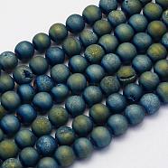 Electroplate Natural Druzy Agate Beads Strands, Dyed, Round, Frosted, Green Plated, 6mm, Hole: 1mm, about 62pcs/strand, 15.7 inch(40cm)(G-G708-6mm-10)