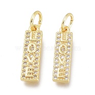 Brass Micro Pave Clear Cubic Zirconia Charms, with Jump Ring, Long-Lasting Plated, Rectangle with Word Love, Real 18K Gold Plated, 15x4x2.4mm, Jump Ring: 5x0.7mm, 3.6mm Inner Diameter(ZIRC-L076-052G)
