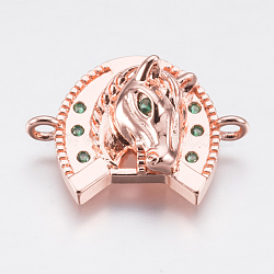 Brass Micro Pave Cubic Zirconia Links, Horse's Head, Green, Rose Gold, 25.5x19.5x8mm, Hole: 2mm(ZIRC-E148-27RG)