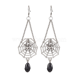 Halloween Themed Spider Alloy Dangle Earrings, with 304 Stainless Steel Earring Hooks, Glass Beads and Iron Twisted Chains, Platinum, 77x27mm(EJEW-JE06073)