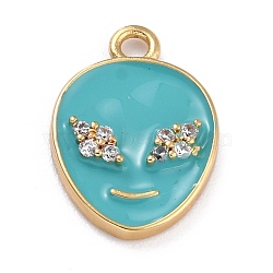 Golden Plated Brass Micro Pave Clear Cubic Zirconia Pendants, with Enamel, Long-Lasting Plated, Extra-terrestrial, Medium Turquoise, 17x11.5x2mm, Hole: 1.6mm(ZIRC-L097-031B-G)