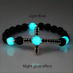 Luminous Natural Lava Rock Beaded Stretch Bracelets, Glow in the Dark, Antique Silver, Cross, Cyan, Inner Diameter: 2-1/8 inch(5.5cm)(PW-WGCBEEB-03)