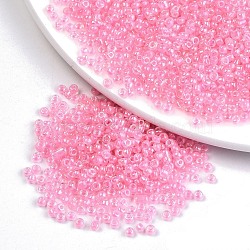6/0 Glass Seed Beads, Inside Colours, Round Hole, Round, Transparent Colours Rainbow, Pink, 6/0, 4~5x2.5~4.5mm, Hole: 1.2mm, about 4500pcs/bag(SEED-A016-4mm-210)
