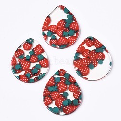 Transparent Clear Cellulose Acetate(Resin) Pendants, Printed, Teardrop with Strawberry, Strawberry Pattern, 34x28x2.5mm, Hole: 1.4mm(X-KY-T040-54B)