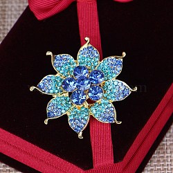 Rhinestones Pins, Alloy Lapel Pins for Clothes, Flower, Aquamarine, 43x42.5mm(JEWB-I042-02KCG)